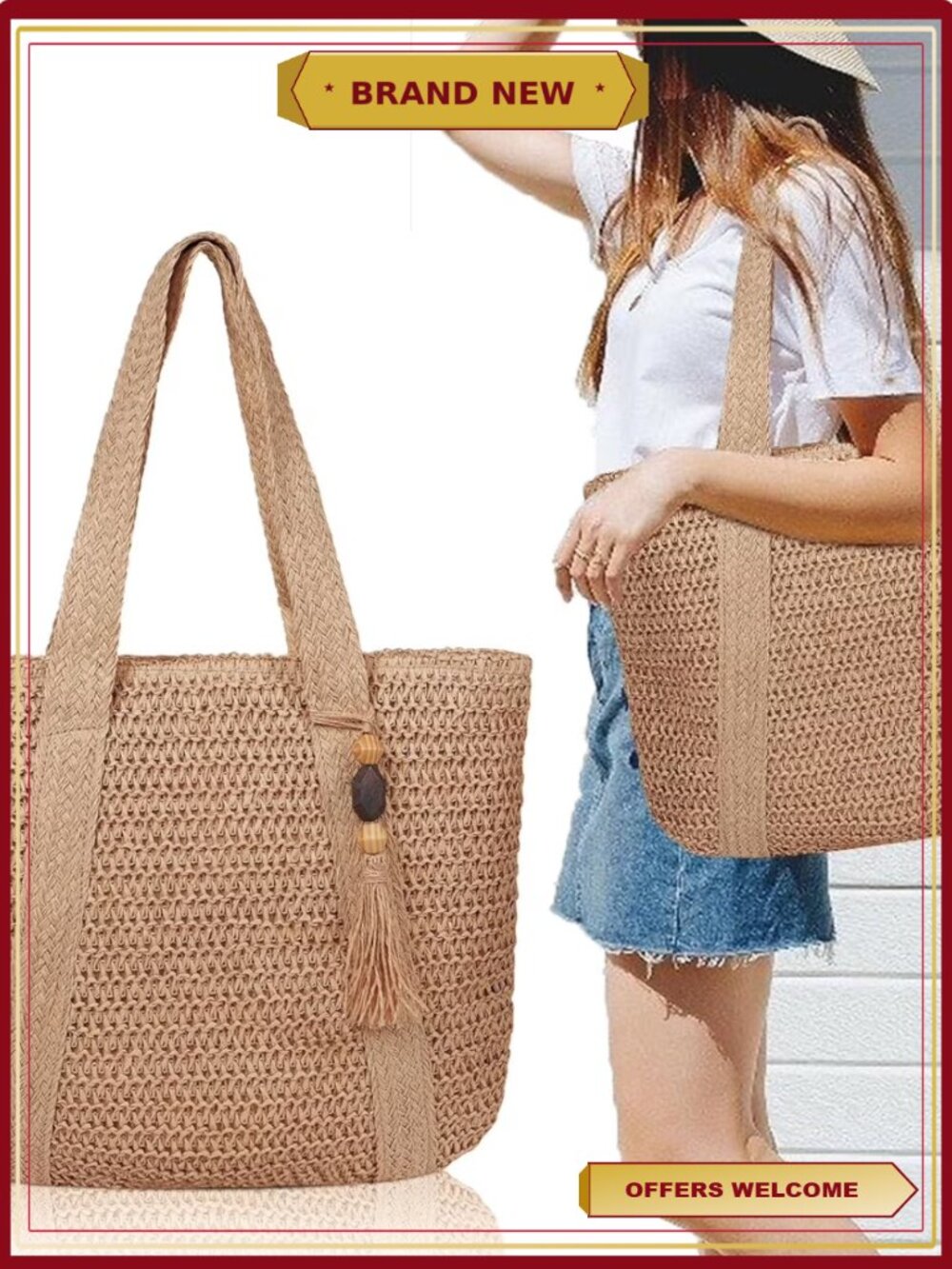 Large Handwoven Straw Tote Bag with Tassels for Women Summer Shoulder Beach Bag